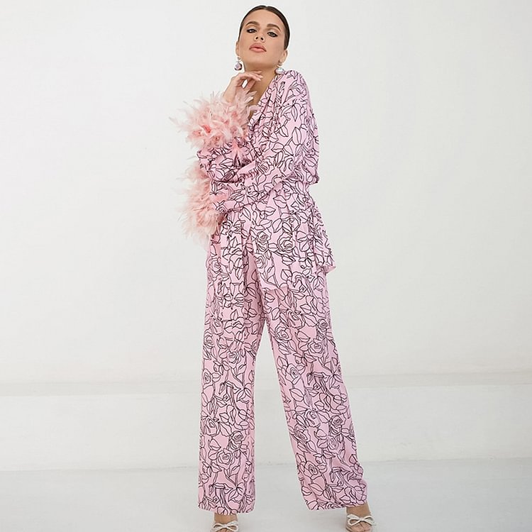 Fashion Stitched Feathers Pink Printed Sleepwear Two Piece Set