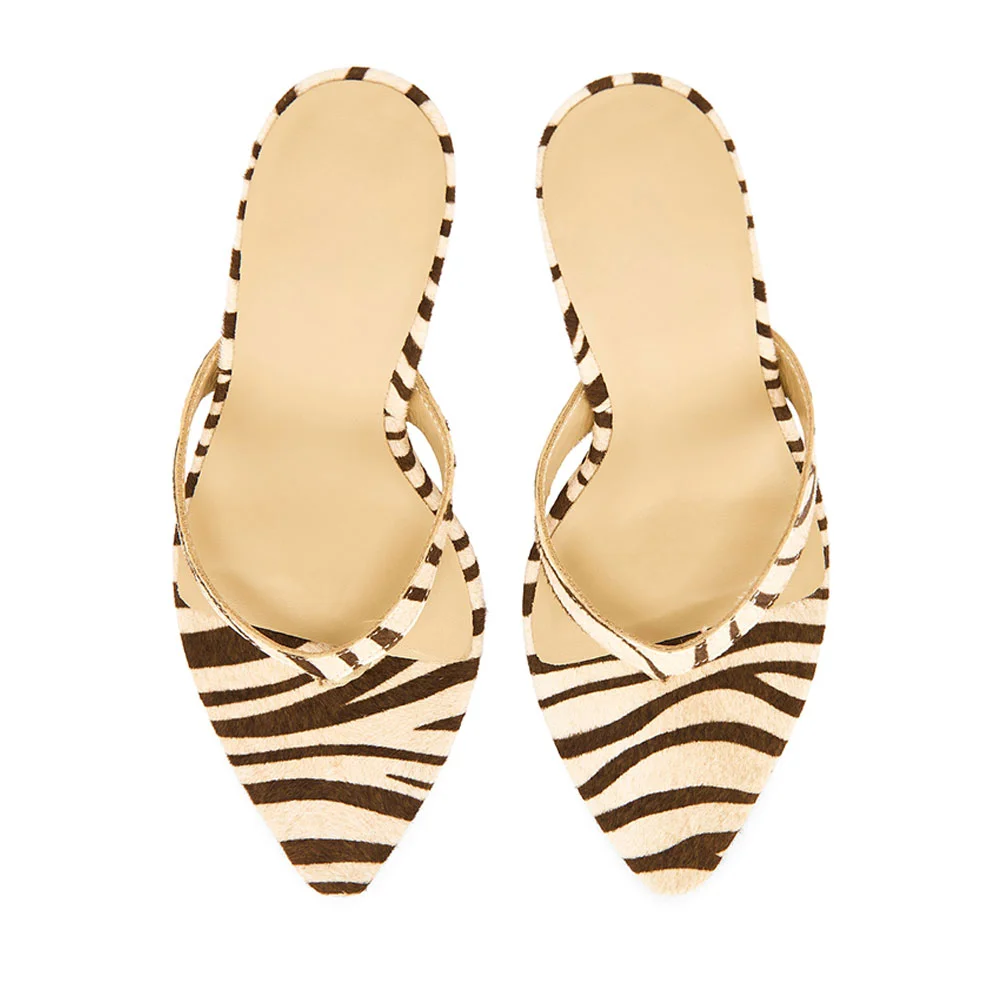 Brown & Beige Open Pointed Toe Flip Flops Zebra Print Mules Shoes