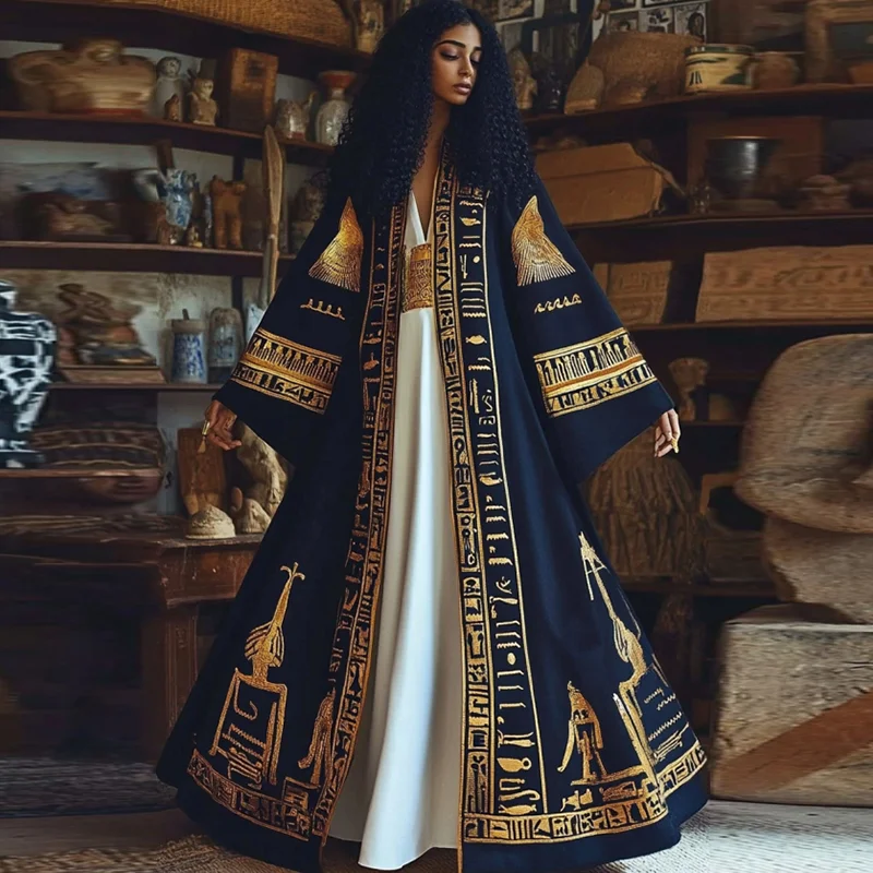 Women's Vintage Egyptian Pattern Art  Linen V-neck Robe