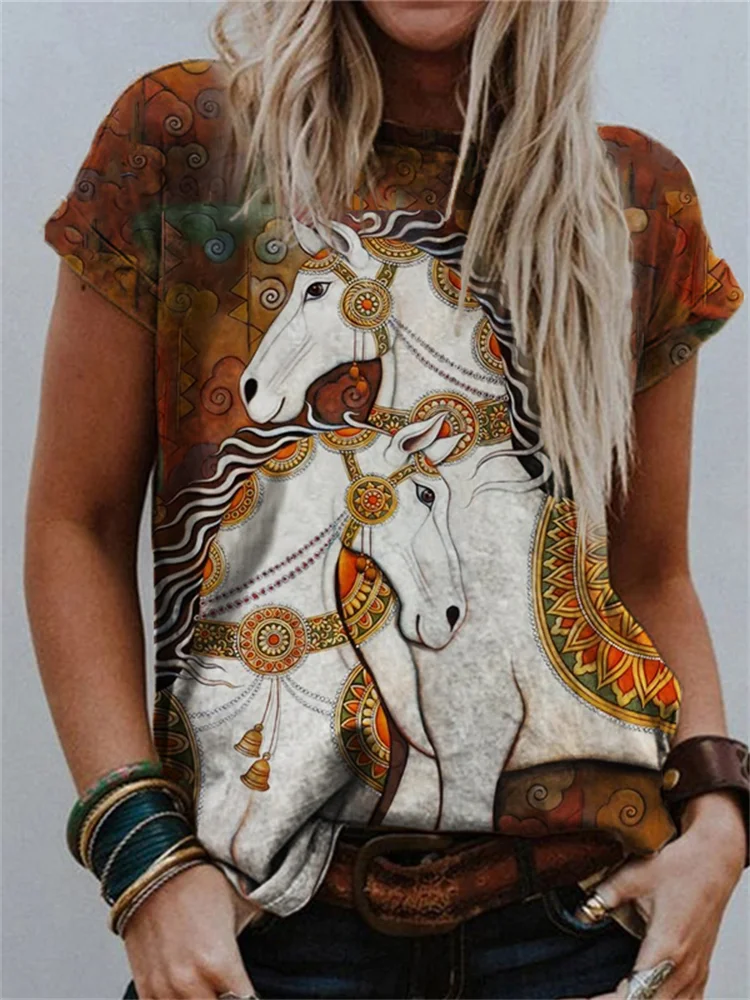 Elegant Horses Ethnic Art Crew Neck T Shirt