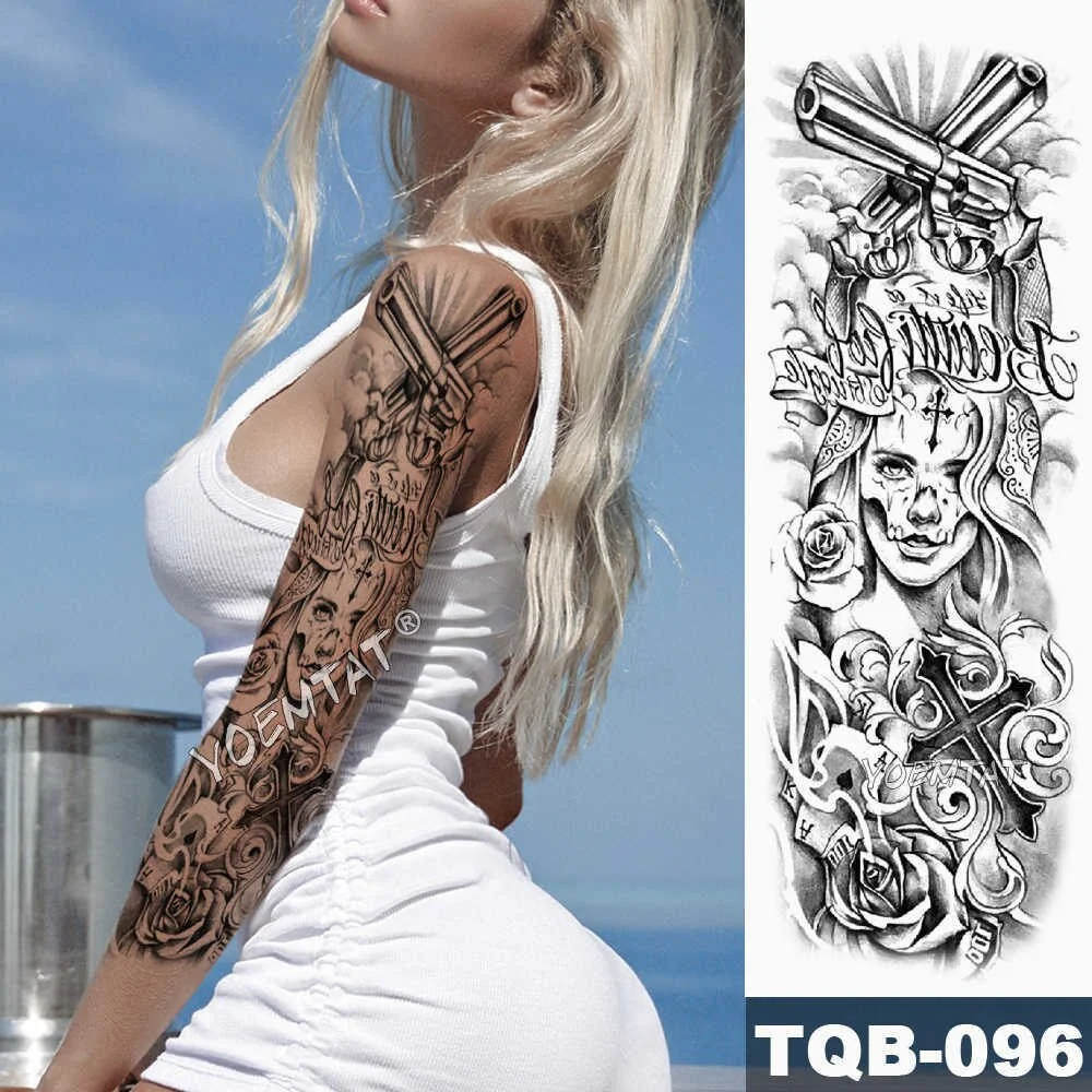 Sdrawing Arm Sleeve Tattoo Lion Crown King Rose Waterproof Temporary Tattoo Sticker Wild Wolf Tiger Men Full Skull Totem Tattoo