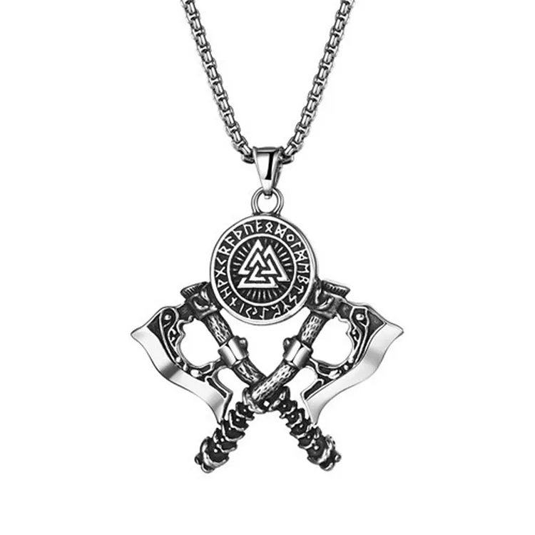 Men's Retro Viking Valknut With Axes Titanium Steel Necklace
