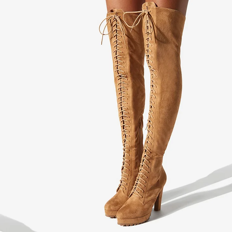 Brown Vegan Suede Lace Up Thigh Platform Boots with Block Heels |FSJ Shoes