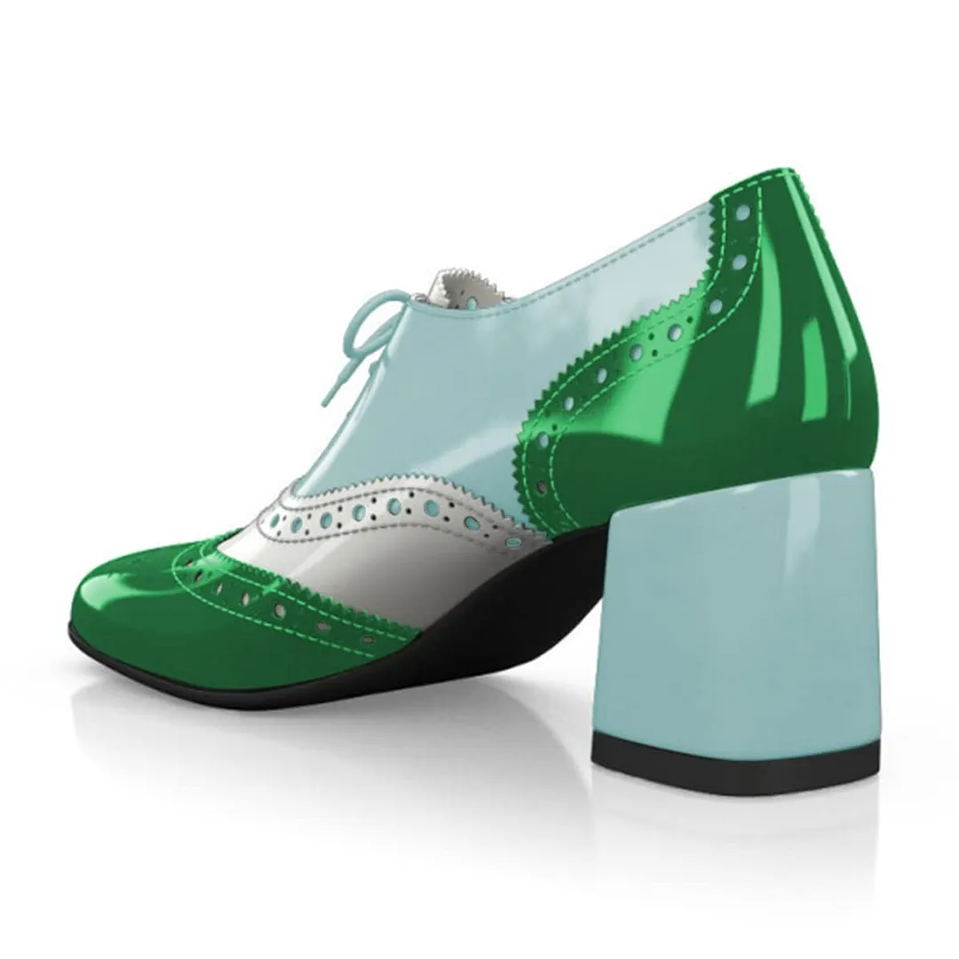 Green and Light Blue Block Heel Lace-Up Women's Wingtip Shoes