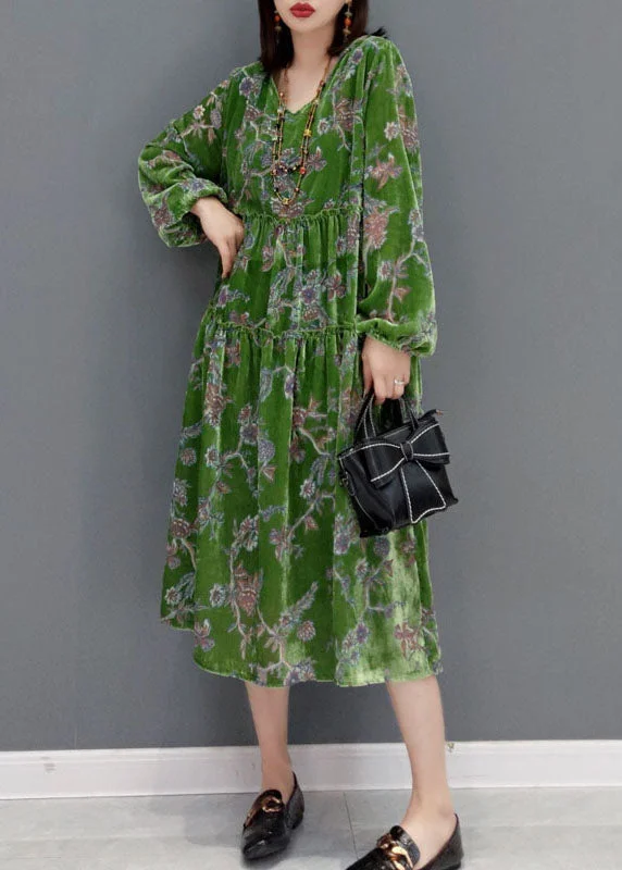 Natural Green V Neck Hooded Velour Dress