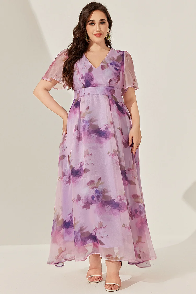 Flycurvy Plus Size Wedding Guest Purple Organza Floral Print Empire Waist Tunic Maxi Dress