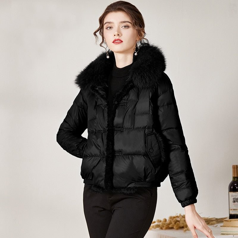 FTLZZ Winter Vintage Button Real Fox Fur Collar Down Jacket Women 90% Duck Down Jacket Female Snow Thick Warm Irregular Outwear