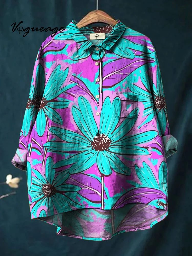 Bright And Colorful Stylish Plants And Flowers Print Cotton And Linen Shirt