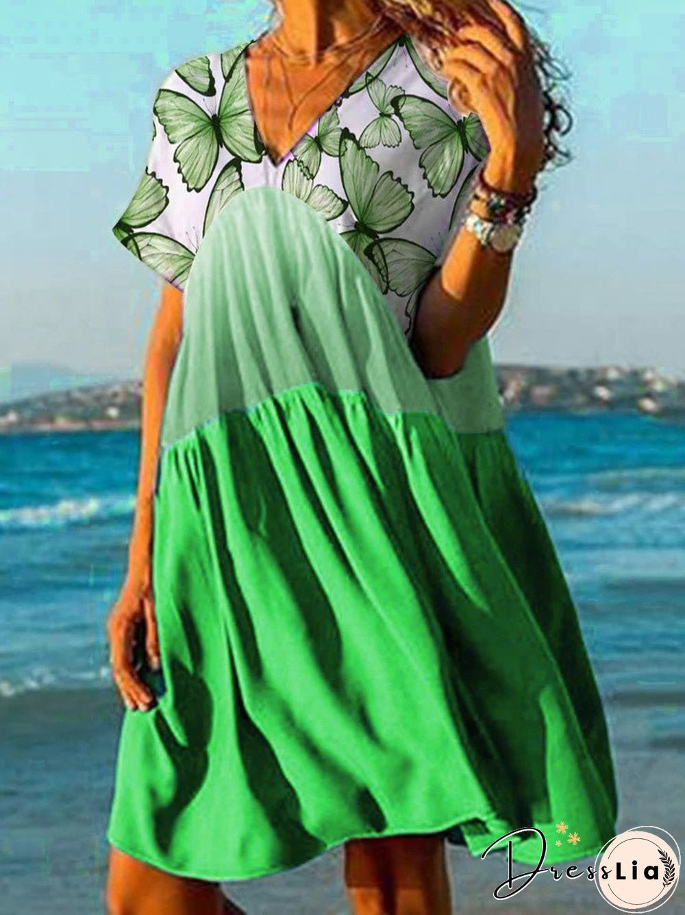 Women'S Dresses Butterfly Print V-Neck Short Sleeve Dress