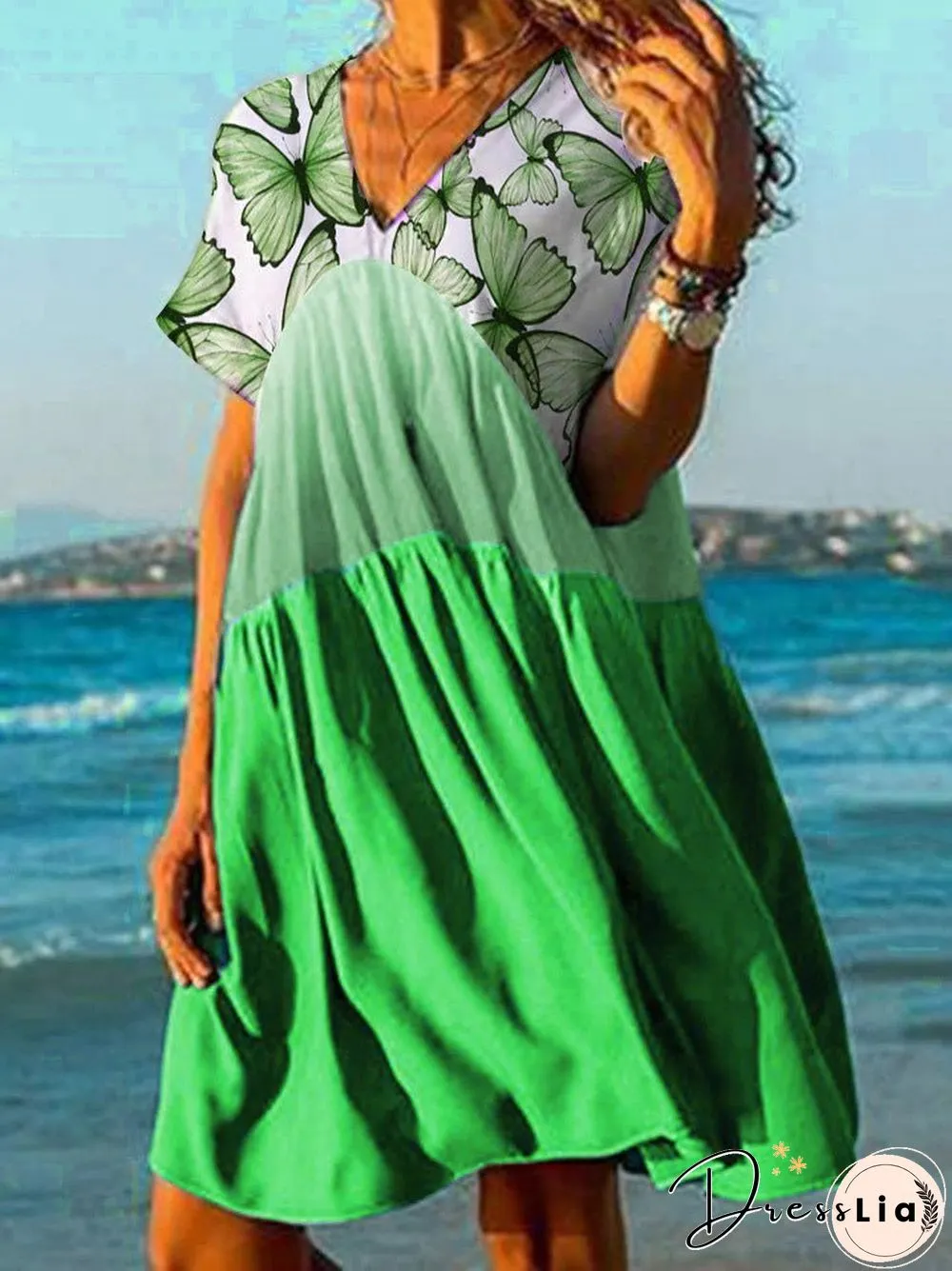 Women'S Dresses Butterfly Print V-Neck Short Sleeve Dress
