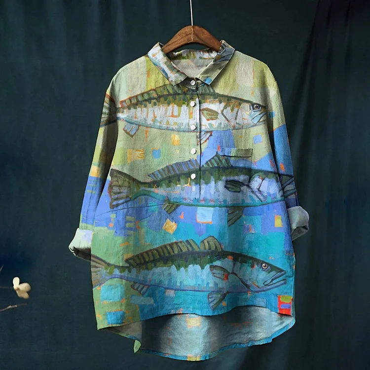 Women's Fish Colorblock Art Print Casual Cotton And Linen Shirt