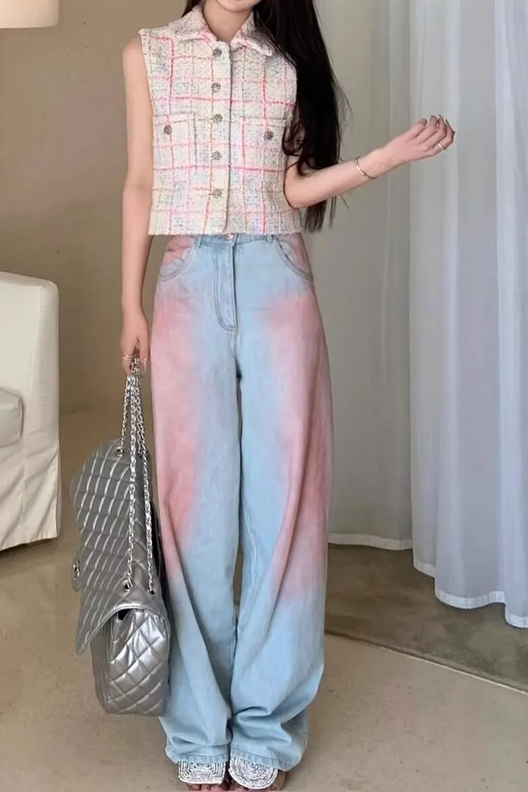 Tie Dye Wide Leg Jeans for Women Distressed Denim with Flared Fit
