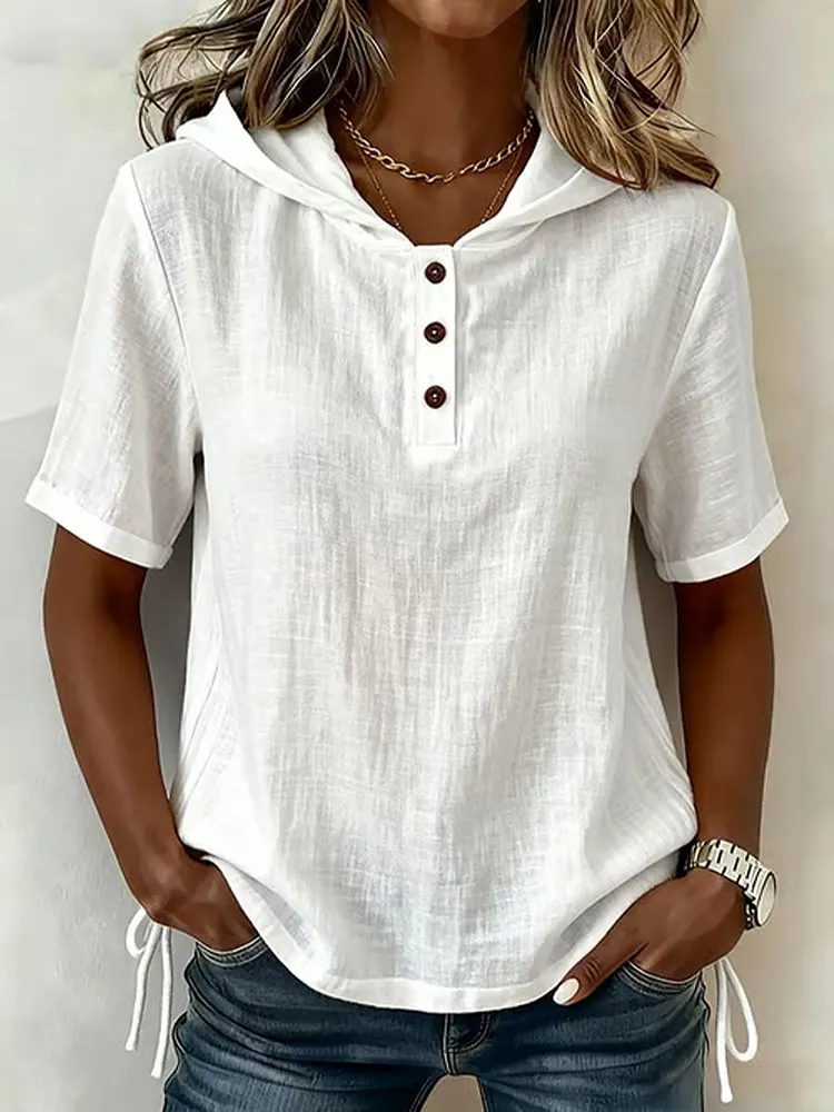 Women's Solid-color Casual Loose Sleeveless Hooded Cotton-linen Top
