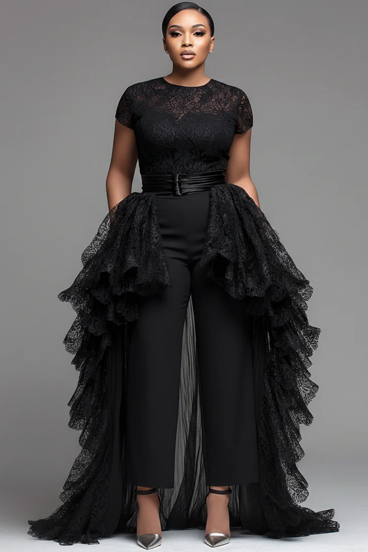 Xpluswear Design Plus Size Wedding Guest Black Round Neck Short Sleeve With&nbsp;Skirt&nbsp;Overlay&nbsp;Pocket Lace Jumpsuits [Pre-Order] 2024 - Xpluswear