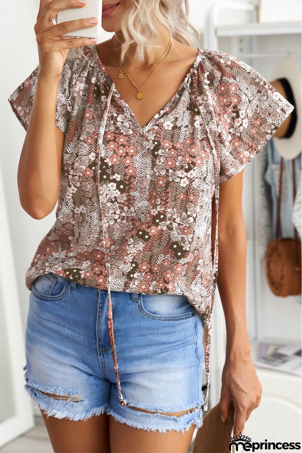 V-neck Short Sleeve Fashion Print Fantasy Fluttering Blouse