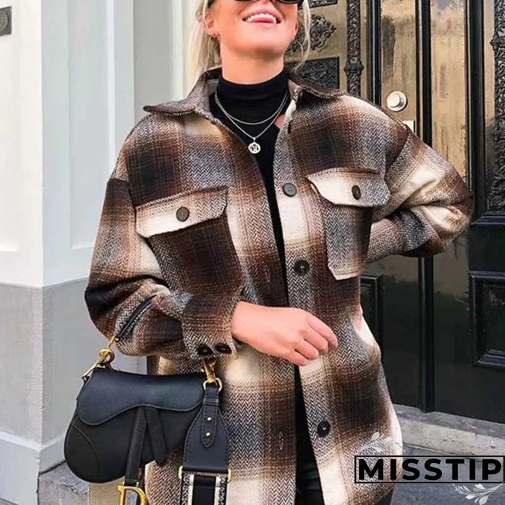 Classic Thick Colorblock Checked Button Down Shirt Jacket Woolen