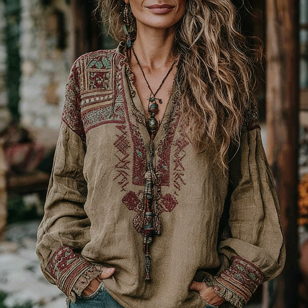 Linen Bohemian Embroidered Top Women's Loose Long Sleeve Peasant Blouse Ethnic Vintage Style Summer Casual Shirt - Helixace