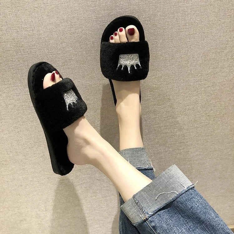 Wongn Wongn Winter New Korean Version Of The Crown Sequins One-Word Plush Warm Wool Slippers Flat Cotton Drag Female