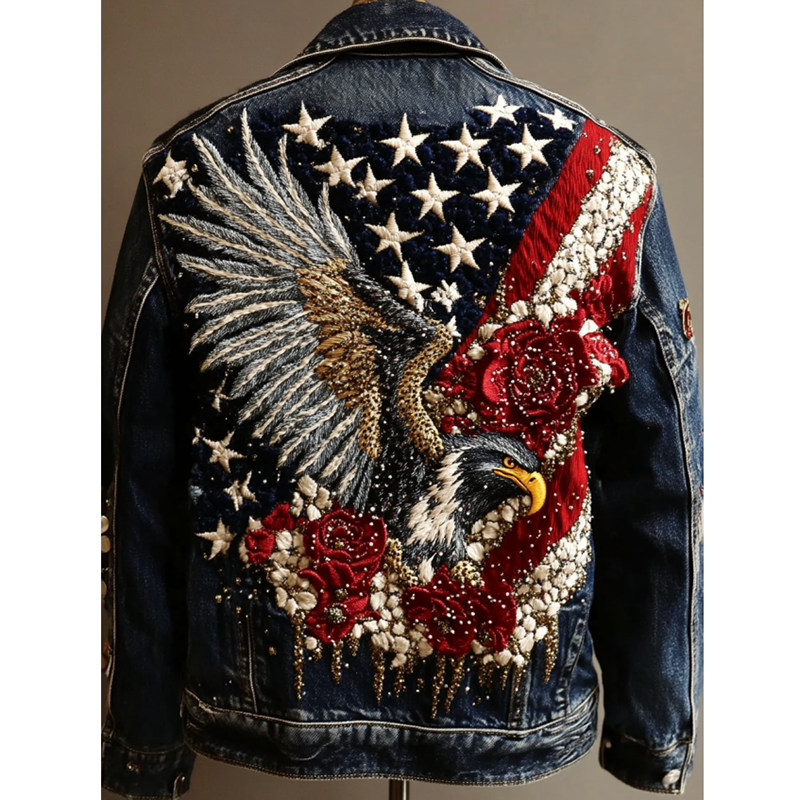 Comstylish Vintage American Flag And Floral Eagle Art Denim Jacket