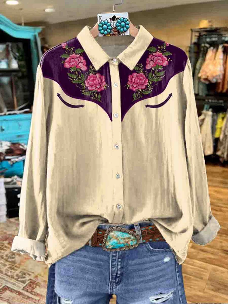 Women's Vintage Floral Print Casual Cotton Shirt