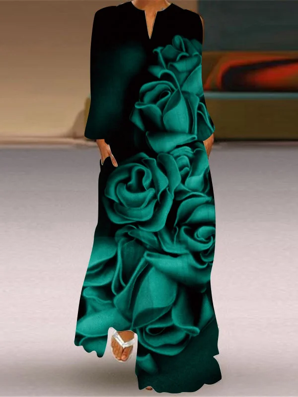 Long Sleeves Loose Floral Printed Gradient V-Neck Maxi Dresses
