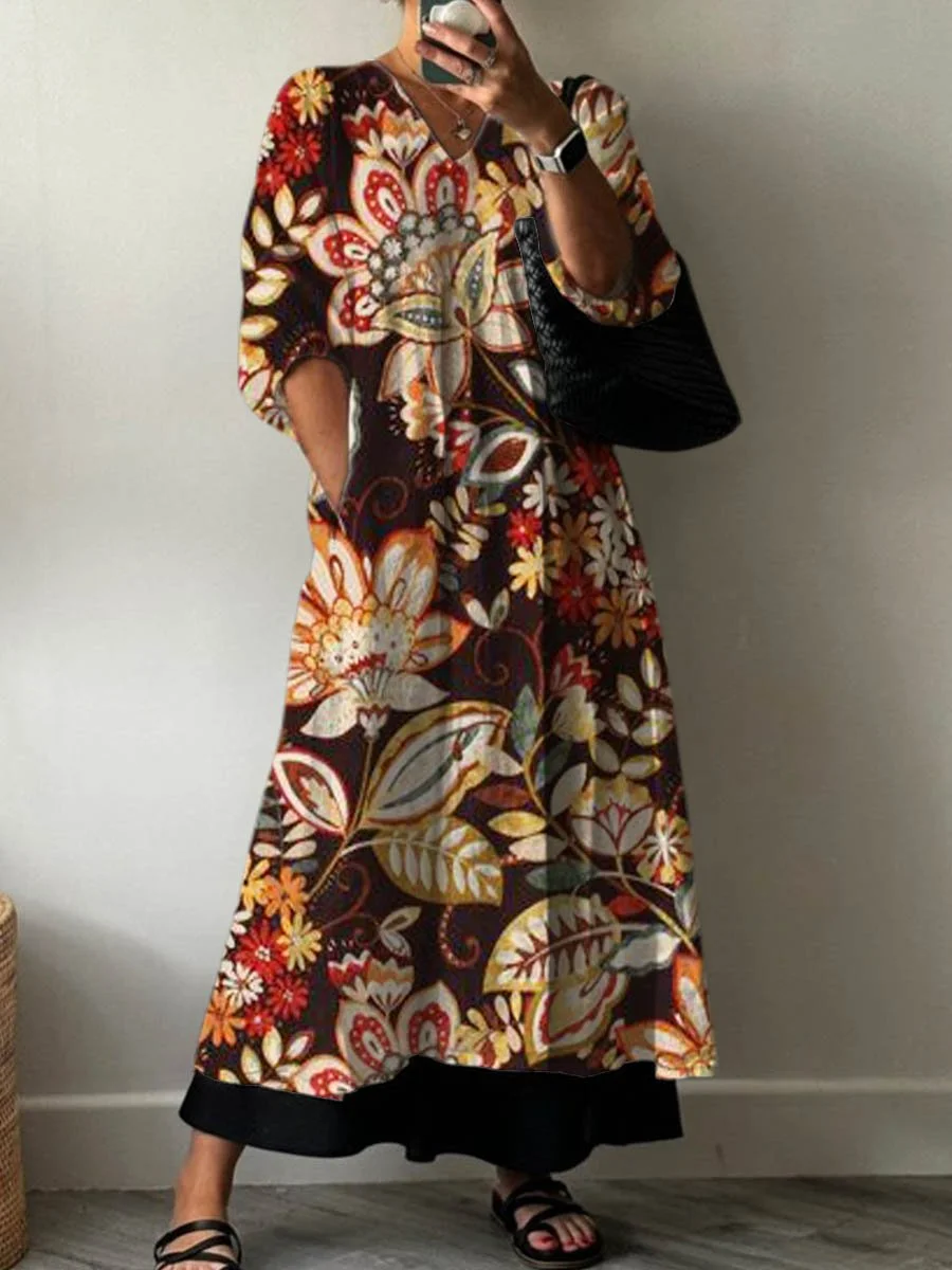 Women's Vintage Lovely Floral Art Print Pocket V-neck Cotton Dress