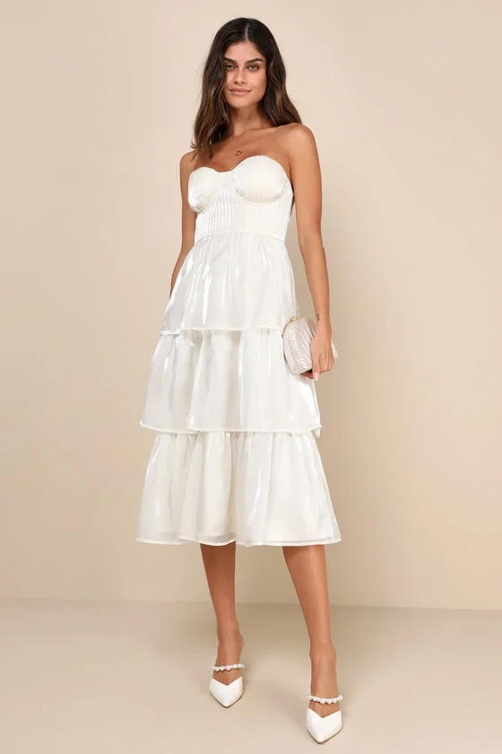 Com-pleat-ly Charming Ivory Organza Tiered Strapless Midi Dress