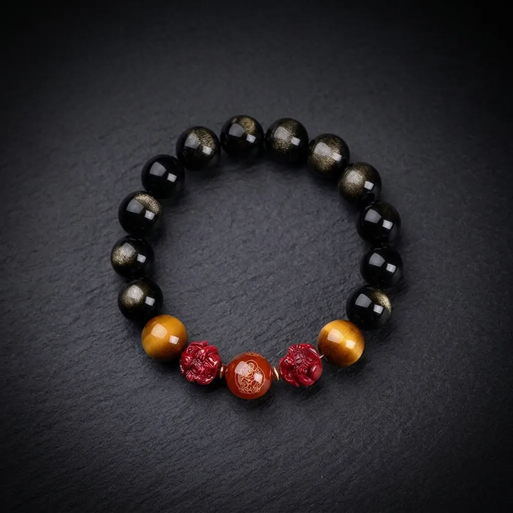 JiStones Celestial Harmony Bracelet: Golden Obsidian, Tiger's Eye & Cinnabar Zodiac Guardian The Rat: Spirit of Wisdom