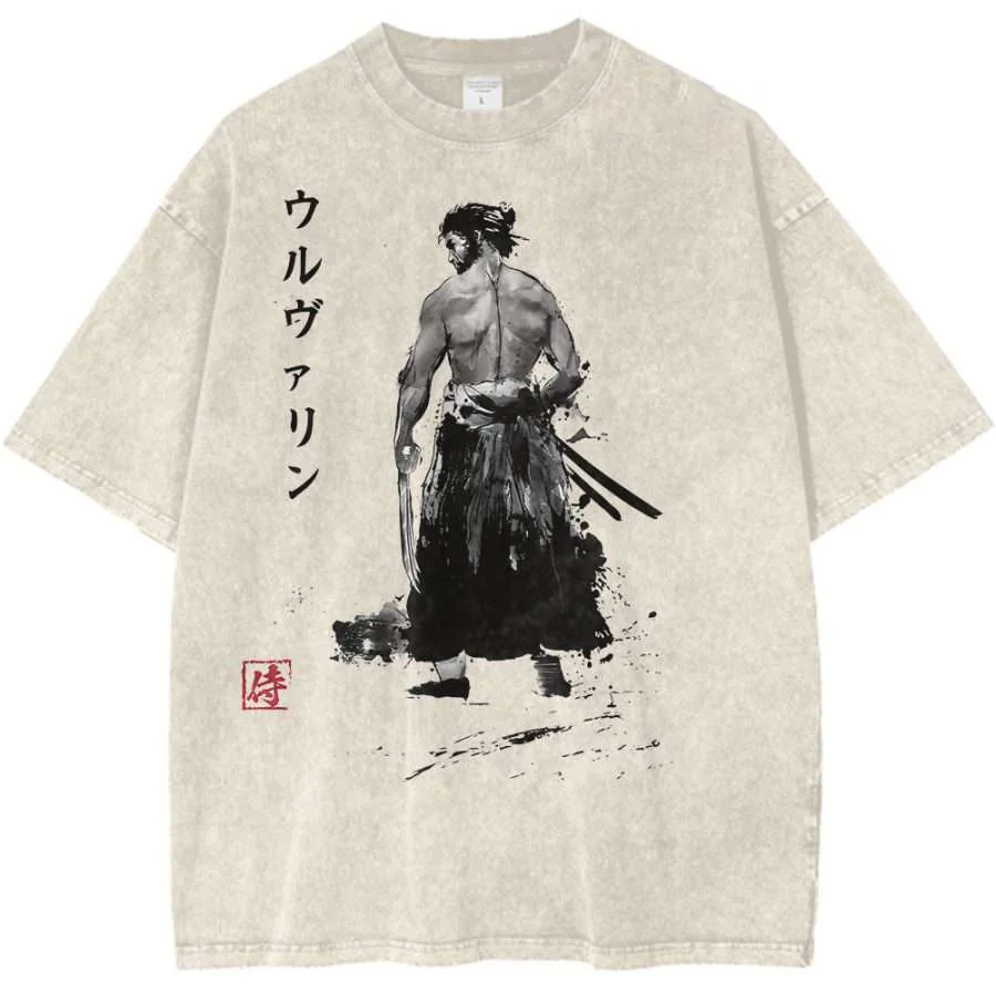 Ukiyo-e Samurai Printed Men's Washed T-Shirt