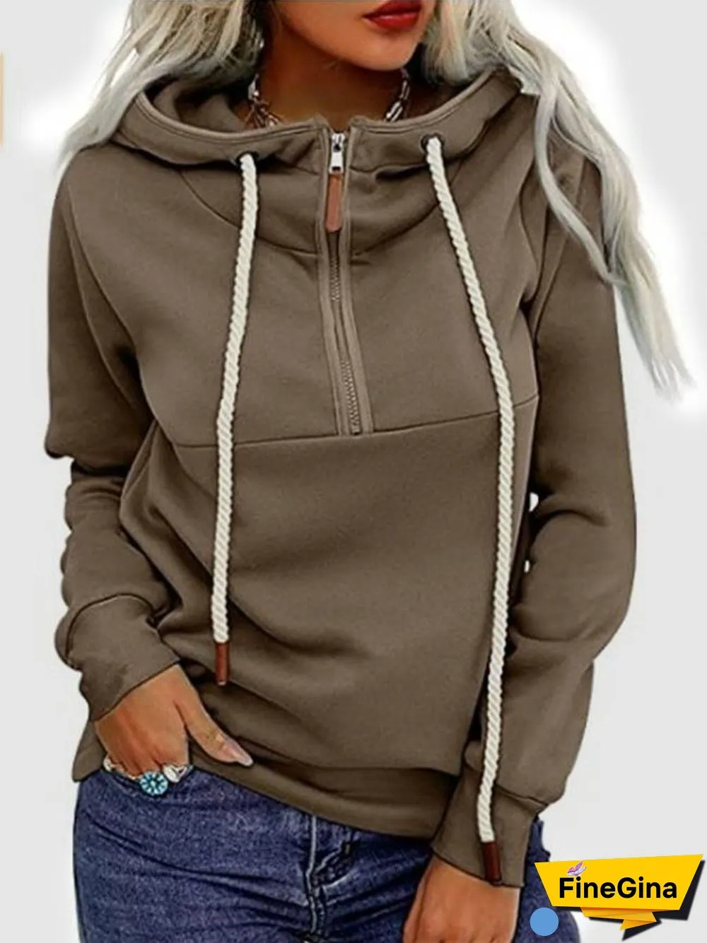 Plain Cotton Plush Lining Zipper Collar Top