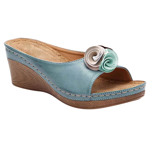 😍Last Day 55% OFF😍-Womens Comfy Leather Solid Flower Strap Wedge Sandals