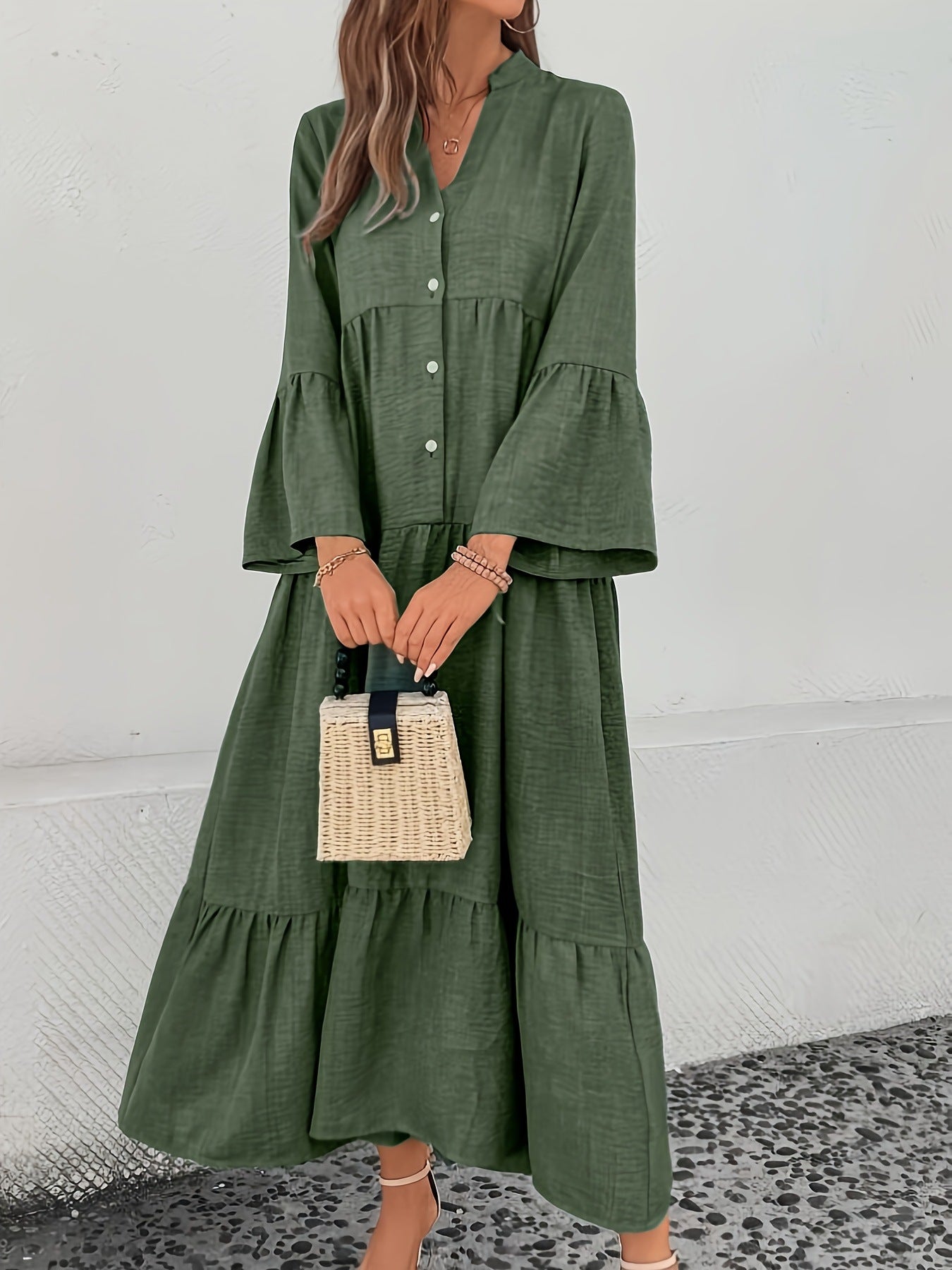 Button Front Tiered Midi Dress mysite idetrend
