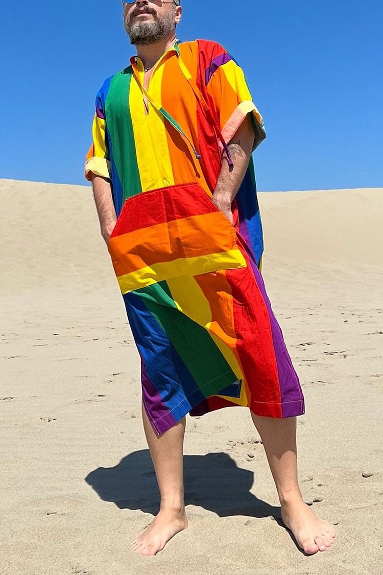 Men's Rainbow Flag Caftan Striped Split Half Sleeve Caftan [Pre-Order]