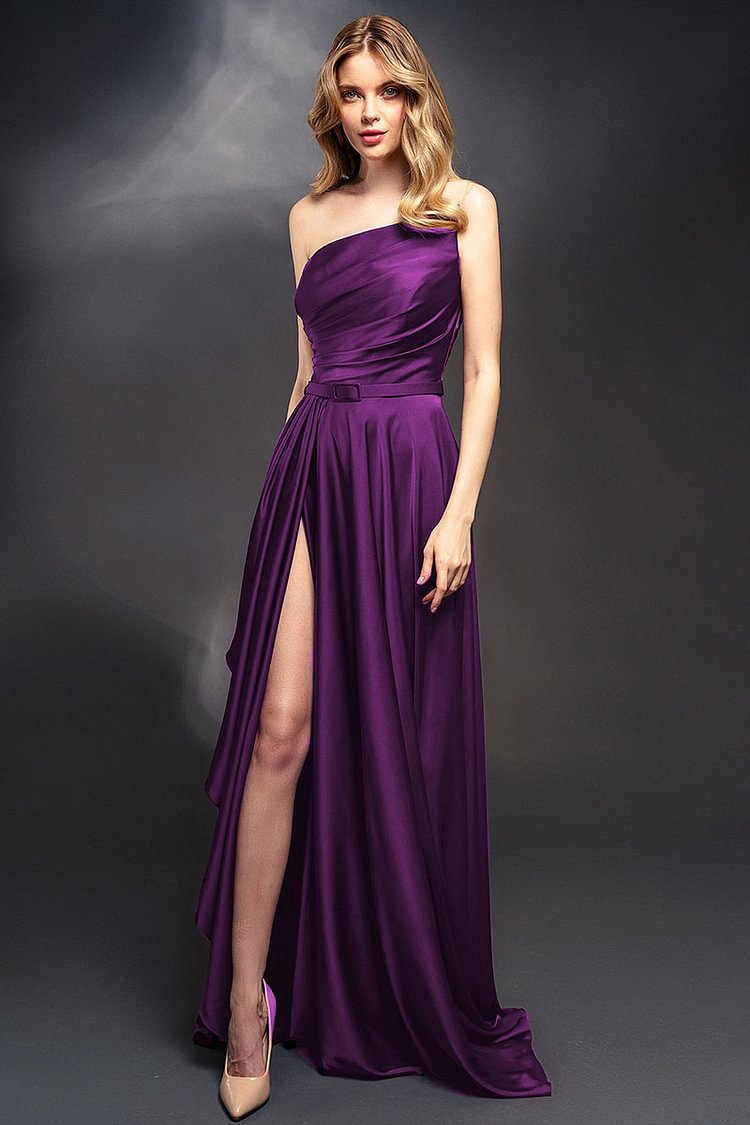 Pleated Slit One Shoulder Sleeveless Evening Party Maxi Dresses