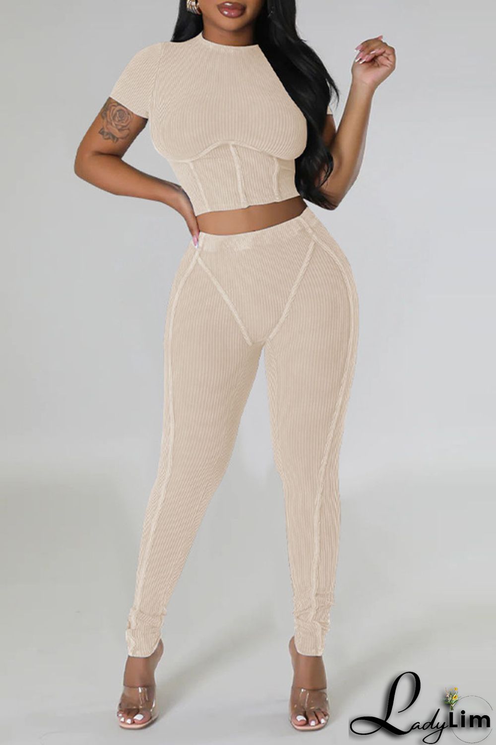 Black Sportswear Solid Patchwork O Neck Short Sleeve Two Pieces