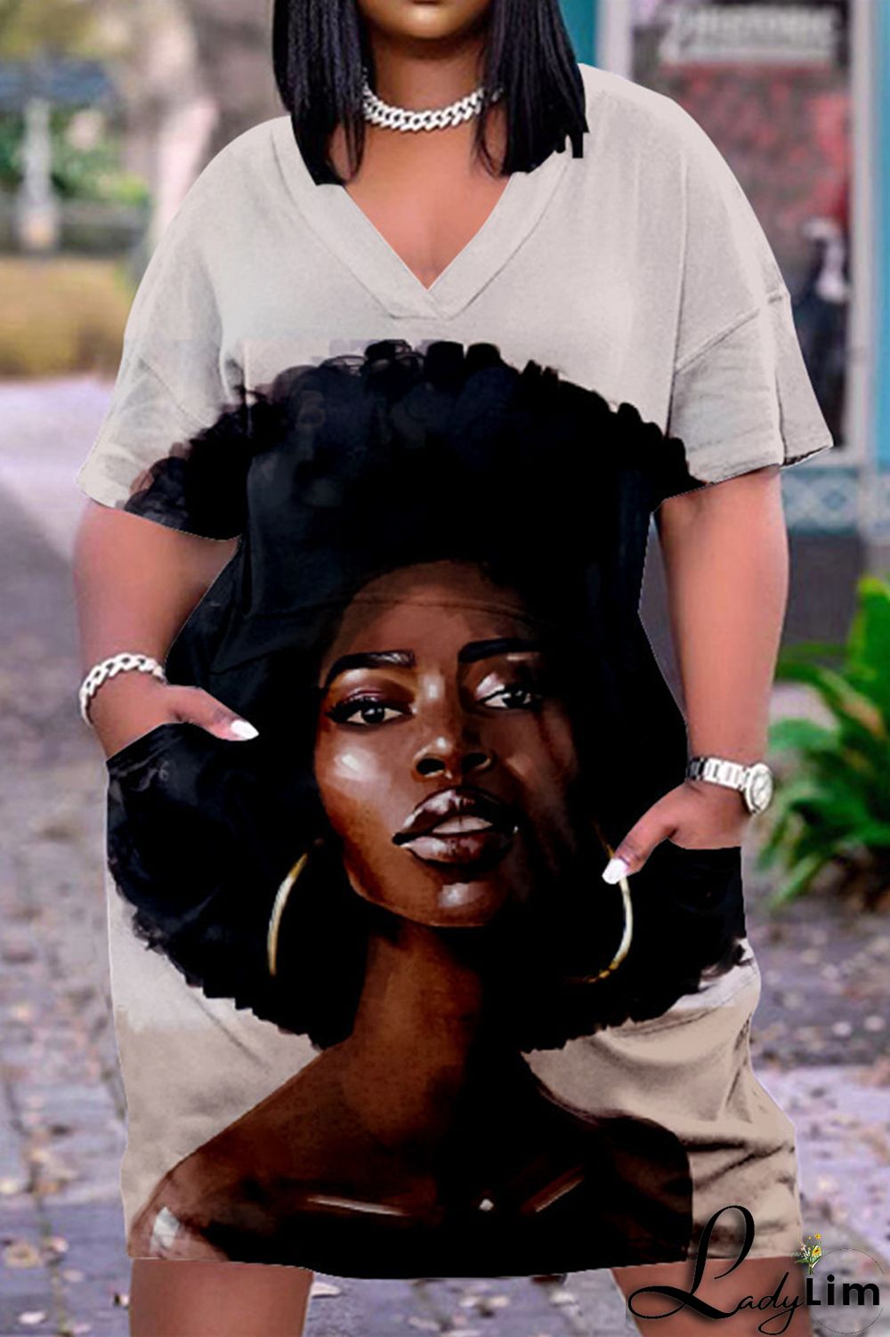 Tangerine Red Fashion Casual Print Basic V Neck Short Sleeve Dress