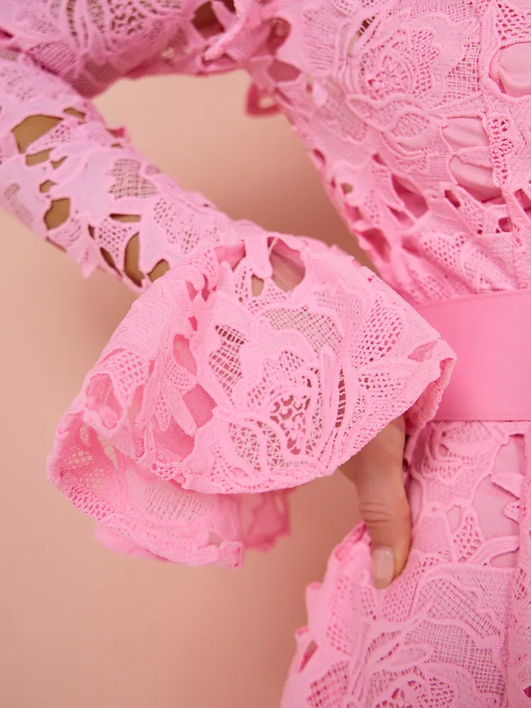 Leo Lin Aliyah Lace Butterfly Sleeve Midi Dress in Candy Pink Leo Lin Aliyah Lace Butterfly Sleeve Midi Dress in Candy Pink