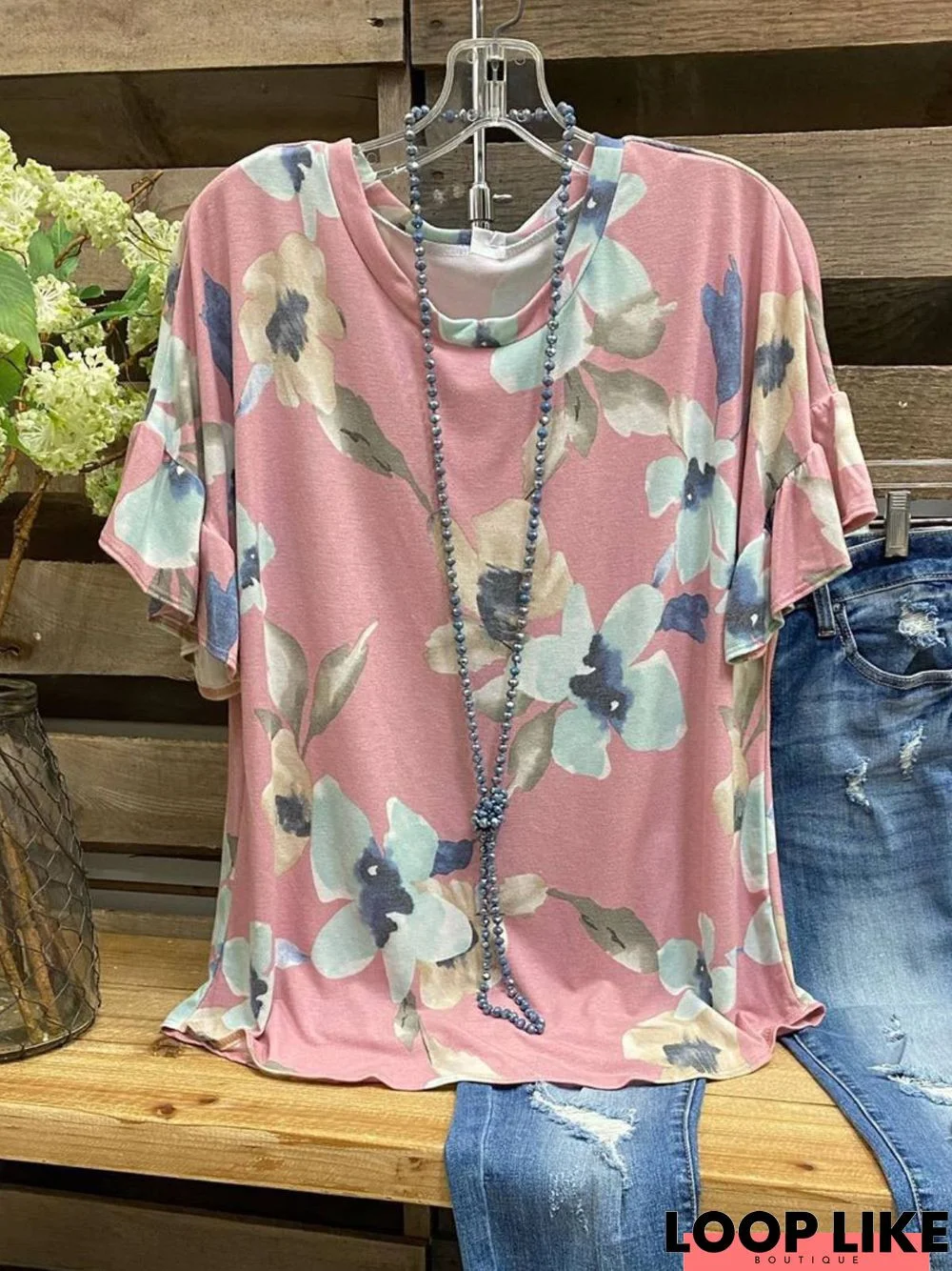 Floral-print Crew Neck Casual Cotton-Blend  Tops