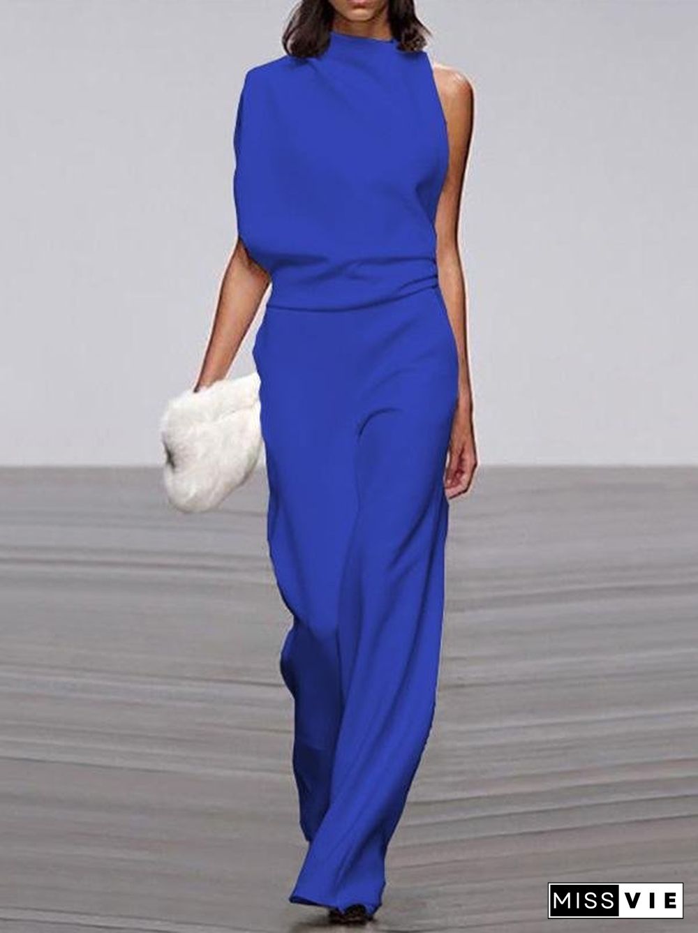 Solid Color One-shoulder Pile Collar Jumpsuit