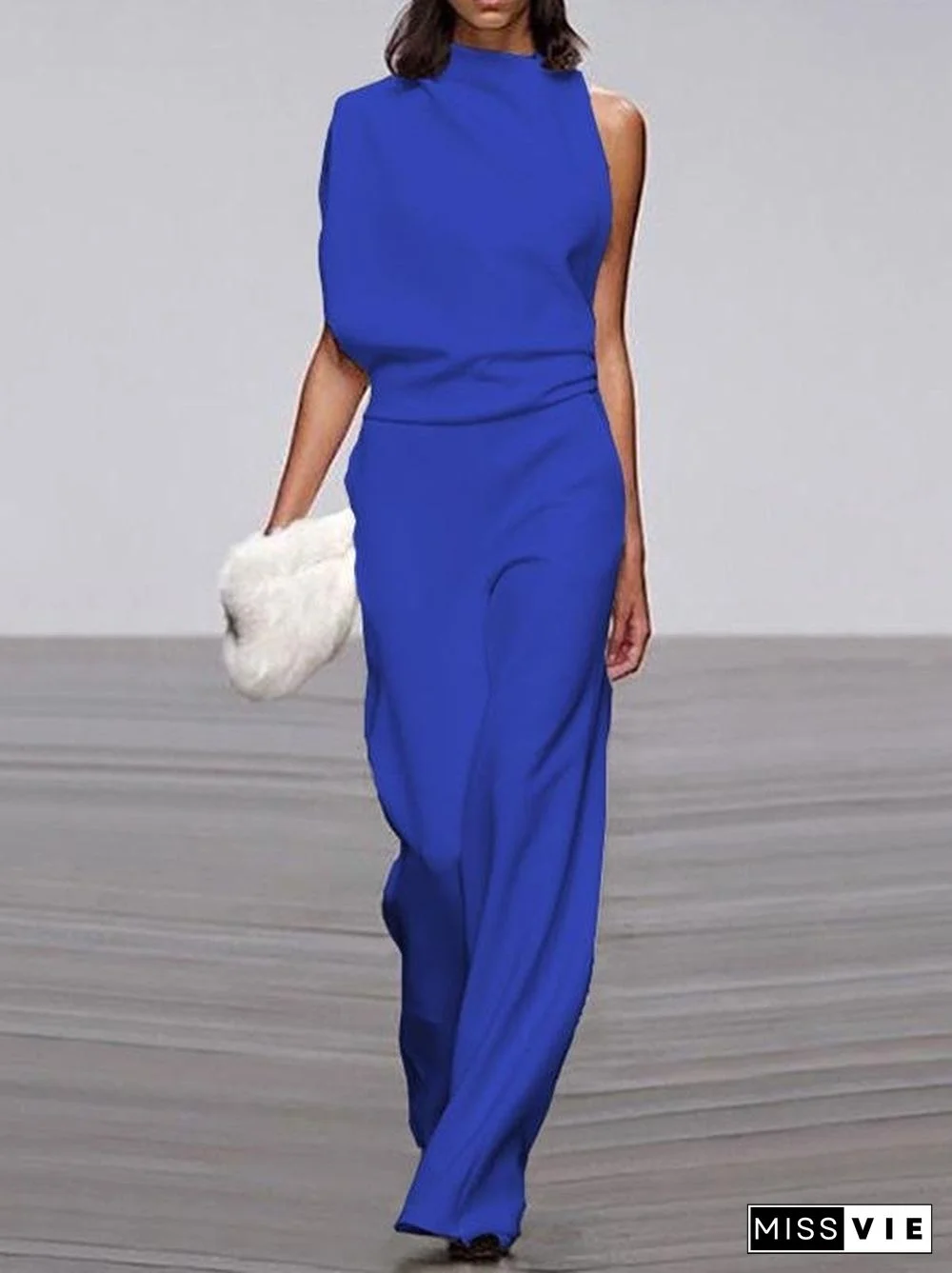 Solid Color One-shoulder Pile Collar Jumpsuit