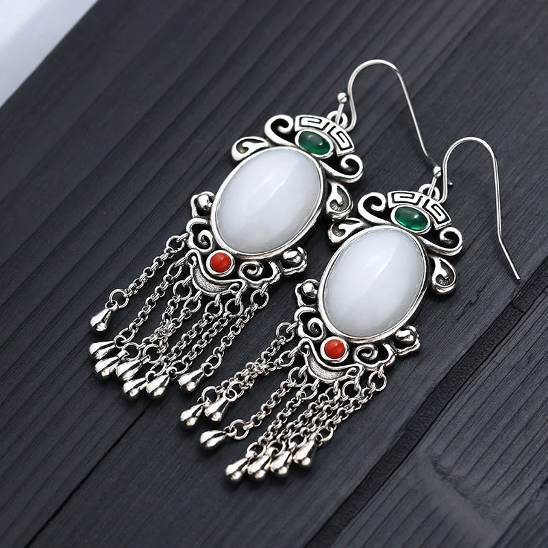 White Jade Tassel Vintage Chinese Style Drop Dangle Earrings