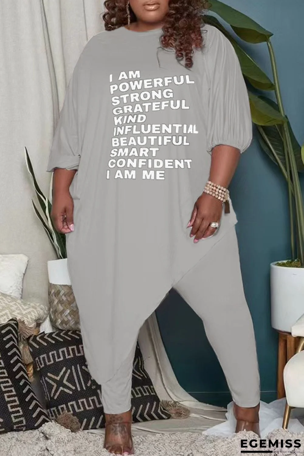 Grey Casual Letter Print Asymmetrical O Neck Plus Size Two Pieces | EGEMISS