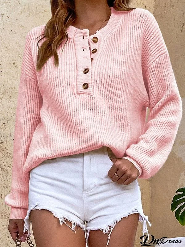 Casual Long Sleeves Solid Color Round-Neck Sweater Tops