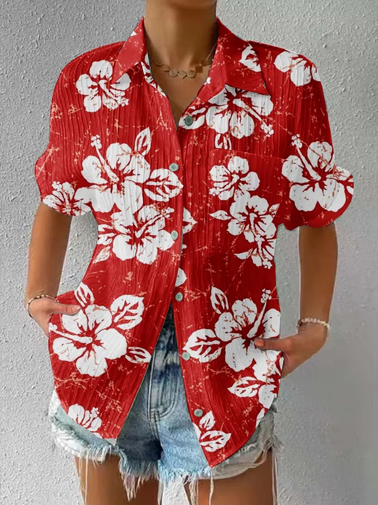 Womens Hawaiian Pattern Short Sleeve Textured Shirt