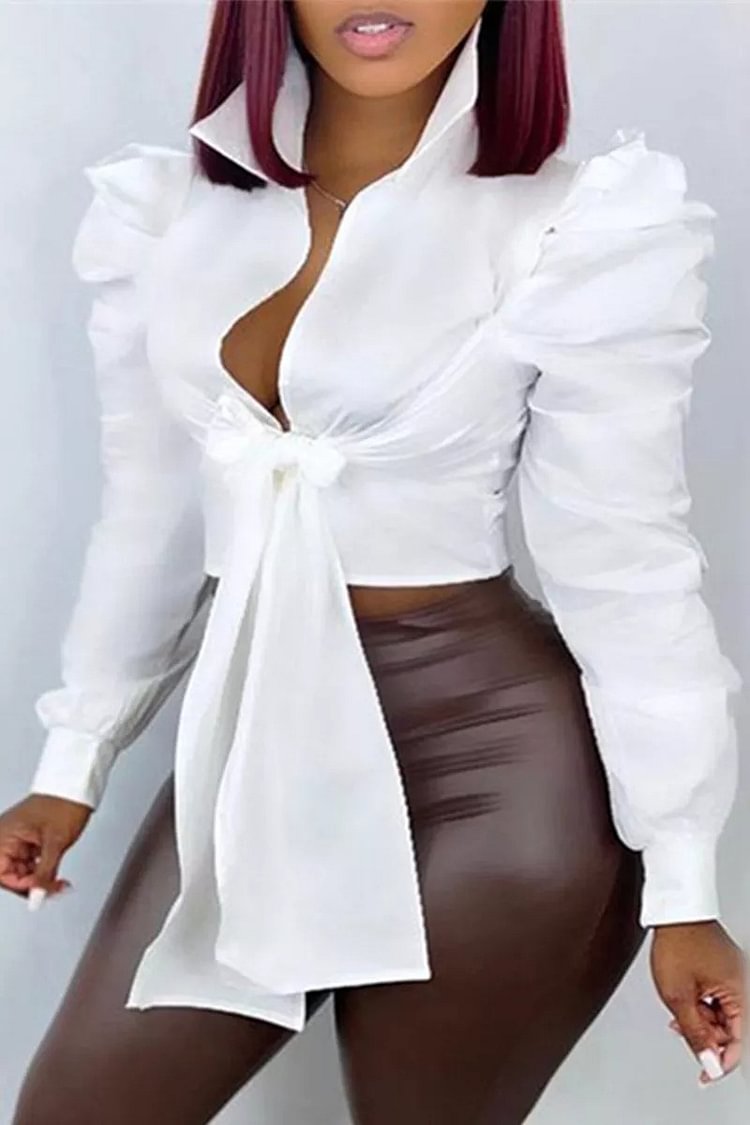Xpluswear Plus  Size Casual White Bandage Turndown Collar Long Sleeves Blouse [Pre-Order]