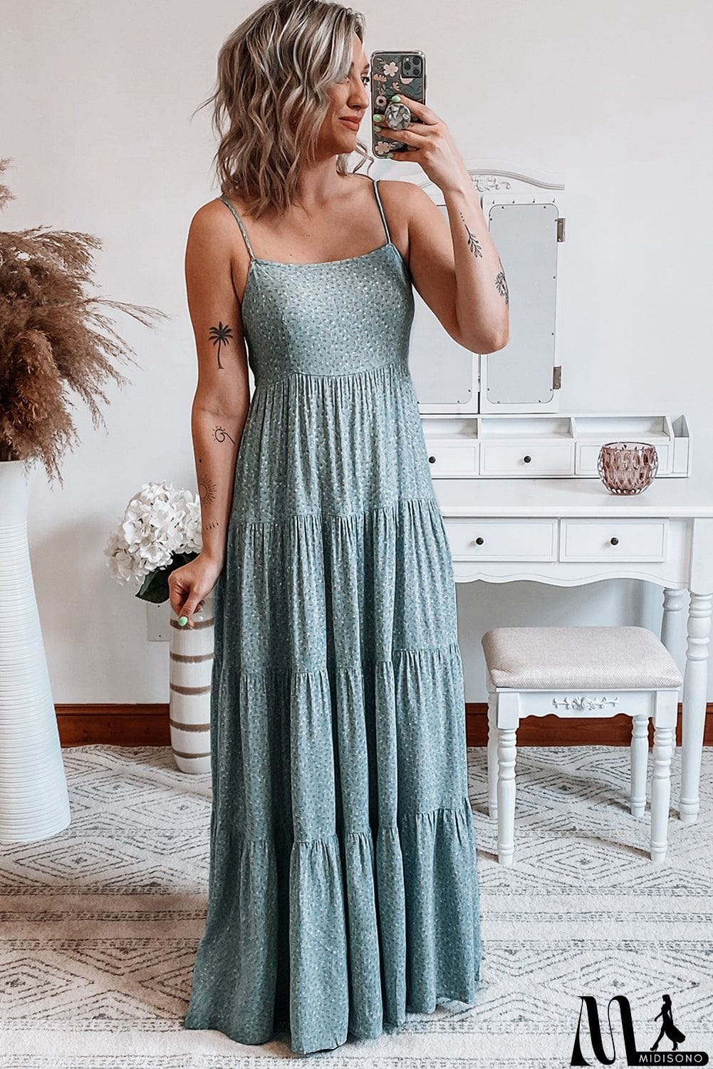 MidiSono - Spaghetti Straps Floral Print Tiered Maxi Dress