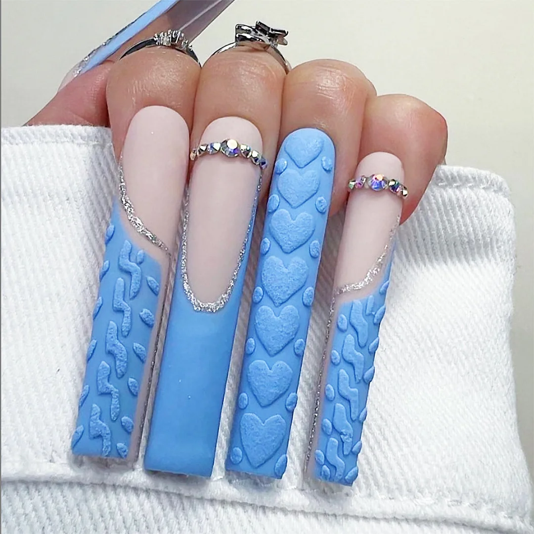 3D Three-Dimensional Love Diamond Glitter Powder Long-length Press On Nails With Nail Adhesives 24 pcs