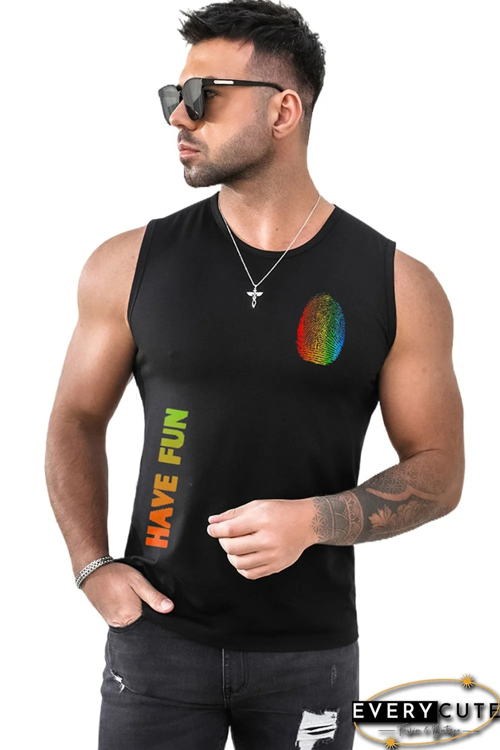 Black HAVE FUN Rainbow Color Graphic Print Men's Tank Top