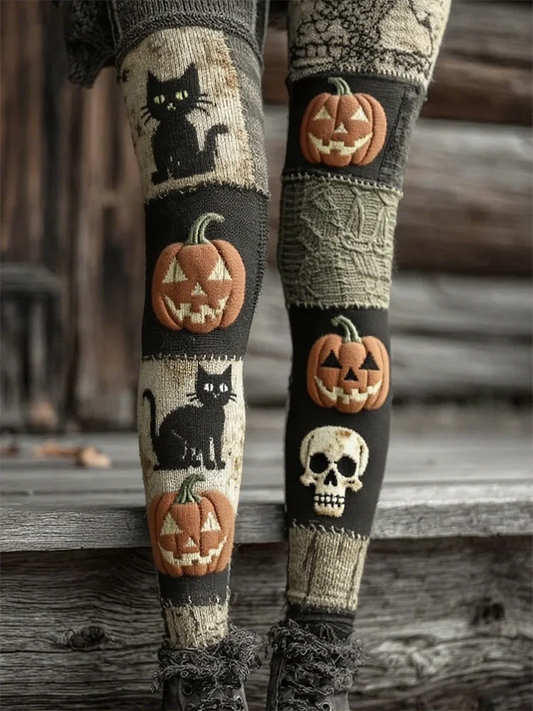 Women's Autumn and Winter Halloween Retro 3D Sweater Textured Black Cat Pumpkin Print Holiday Pants 