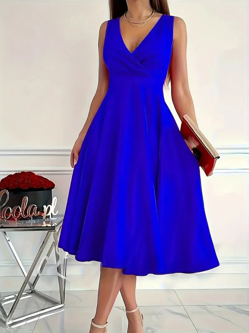 Women's Sleeveless V-Neck A-Line Midi Dress